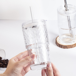 Bicchiere in Vetro <span class=keywords><strong>da</strong></span> 480ml con Coperchio e Cannuccia, Design <span class=keywords><strong>a</strong></span> Diamante, Riutilizzabile, Sicuro per Alimenti, per Caffè Freddo, Tè, Succo - Novare - Product Image 6