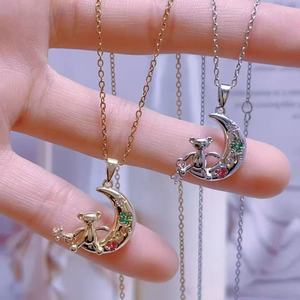 Collane con Ciondolo a Forma di <span class=keywords><strong>Gatto</strong></span> con Fiocco Rosa in Zirconia Placcata Oro, Disponibili OEM ODM, Gioielli all'Ingrosso per Donne - Product Image 5