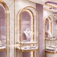 Conception intérieure de bijouterie élégante et distinctive, vitrine en verre sur mesure, rendu 3D, plan de mise en page pour boutiques de luxe