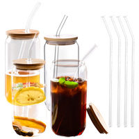 Vente en Gros OEM ODM Lot de Gobelets en Verre Transparents 16 oz Type Bocal Mason ou Canette de Bière, Taille Personnalisée, avec Couvercle en Bambou et Paille