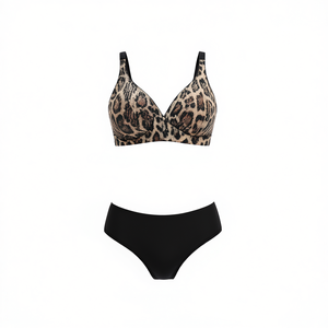 Set Bikini Plus Size HDJ con Stampa Leopardata, Top Nero e Slip con Scollo a V Profondo, Laccetti Laterali, Costume da Bagno 46-56 - Product Image 1