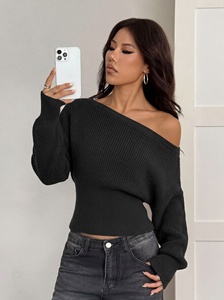 Maglione da donna Y2K casual a maniche lunghe a pipistrello, scollo a barca, in <span class=keywords><strong>maglia</strong></span> a costine, crop top a vita alta con orlo slim - Product Image 2
