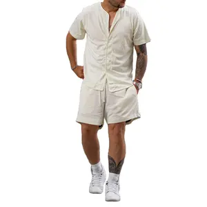 Costume d'été 2 pièces décontracté pour homme, chemise à manches courtes, short, maille respirante, surdimensionné, ensemble pour homme d'usine