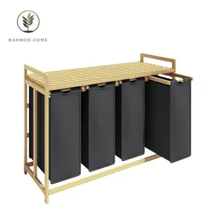 Bambu raf büyük kapasiteli 4 çıkarılabilir gri astarlı çanta ile çeşitli çamaşır sepeti