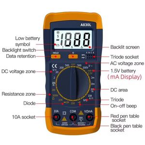 Multimètre numérique A830L, 2000 comptes, écran LCD, mesure automatique de la tension, du courant et de la résistance - Product Image 4