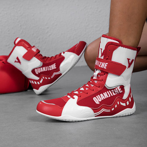 Zapatos de Boxeo Quanjizhe de Caña Alta con Cordones, de Cuero Sintético Antideslizante para Entrenamiento en Interiores y Lucha - Product Image 1