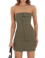 OEM/ODM 2023 Été Mode Femmes Sexy Cargo Ceinture Denim Robe Décontractée Fille Mini Robe en Vert Couleur Personnalisée Poche Poitrine Ceinture