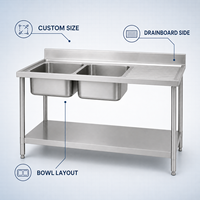 Évier commercial en acier inoxydable 304 à 2 compartiments avec égouttoir, évier double pour restaurant, table de 1750 mm