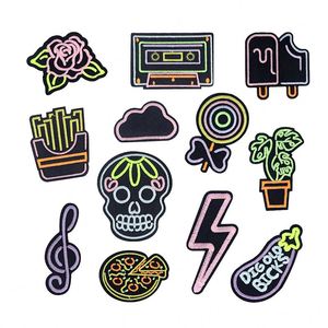 Custom Concise Style Iron on Embroidered Night Glow Skull Flower Music Note Lighting Patches Applique - Product Image 1