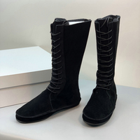 Sepatu Boots Kulit Sapi Asli OEM ODM Logo Kustom untuk Wanita, Warna Khaki, Ujung Bulat, Hak Tebal, Model Kasual