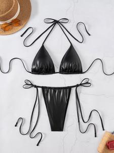 Новый летний женский сексуальный однотонный купальник бикини со шнуровкой и вырезом - Product Image 4