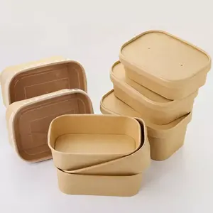 샐러드용 일회용 크래프트 싱글 종이 그릇 테이크 아웃 박스 직사각형 종이 식품 그릇 뚜껑 포함 용기 업자