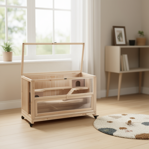 Cage à hamster en bois avec couvercle en maille et roulettes pour les propriétaires d'animaux, design rectangulaire durable, style simple, utilisable toute l'année - Product Image 2