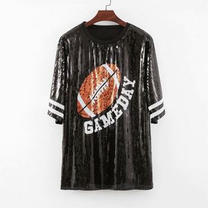 Robe T-shirt à paillettes pour femme, pour le jour du match de football, robe sexy à paillettes, bleu marine et blanc - Product Image 1