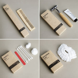 Fournitures hôtelières Ensemble de produits de toilette en bambou écologiques personnalisés Boîte en papier kraft jetable pour les clients de l'hôtel Trousse dentaire Bonnet de douche - Product Image 4