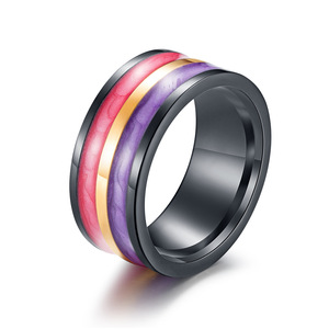 Unisex <b>Titanium</b> Steel <b>Ring</b> Green Purple Rainbow Inlay Geometric Design Everyday Wear - Product Image 5