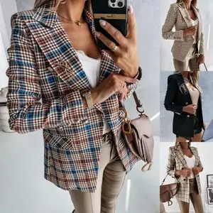 Plaid Blazer Women Spring-Autumn Vintage Cotton Suits Jackets Office Ladies Chic Slim Blazers Girls Tassel Tops Set Coat