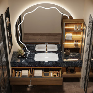 Meuble de salle de bain mural intelligent avec vasque en céramique sans joint, style hôtel, en marbre de luxe et pierre, et armoire à miroir. - Product Image 5