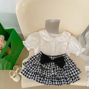 간단한 단색 유아 소녀의 반팔 셔츠 패션 카디건 아기 인형 탑 체크 무늬 짧은 치마 세트
