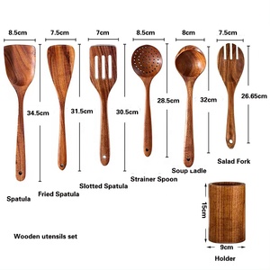 7 pezzi eco-friendly Teak in legno piccoli utensili da cucina Set a mano lungo a pala mestolo frusta scolapasta <span class=keywords><strong>porta</strong></span> forchette per insalata - Product Image 2