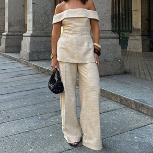 Ensemble pantalon long décontracté et haut épaules dénudées pour femme, style INS, tendance transfrontalière, couleur unie, été - Product Image 2