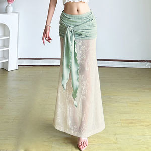 Falda Larga de Malla con Lazo Delantero y Cintura Baja Estilo Vacacional para Mujer, con Estampado Floral y Parches Transparentes, Ajuste Delgado y Elegante - Product Image 5