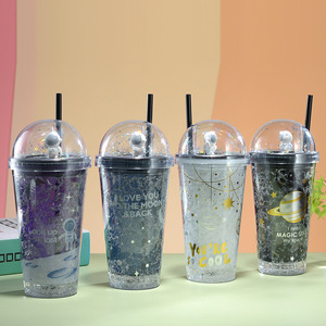 Astronaut Plastic <b>Straw</b> <b>Cup</b> Double Walled With <b>Lid</b> <b>And</b> <b>Straw</b> For Summer Party Drinkware Gray Black White Dark Purple - Product Image 1