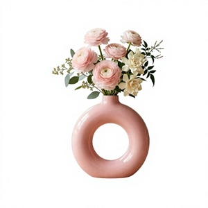 Nordic Minimalist Pastel Pink <b>Ceramic</b> Flower <b>Vase</b> Wholesale Ins Style Hollow Circular Donut Round Ring Porcelain <b>Vase</b> for Modern - Product Image 1