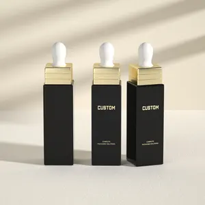 Custom printing 30ml rectangle serum dropper bottle 1oz black square oil dropper bottle