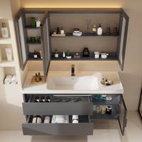 Meuble-lavabo mural moderne et minimaliste avec miroir intelligent anti-buée, en bois massif.