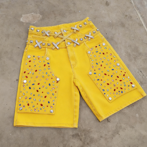 Özel çift bel dizler Diamonds Rhinestone Baggy kargo kot Denim şort üreticinin erkek Jorts - Product Image 1