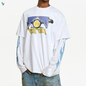 T-shirt blanc oversize à imprimé flamme bleue pour homme, motif dessin animé, double couche, manches longues - Product Image 1