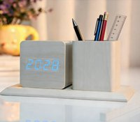 Horloge numérique de table avec porte-stylo et porte-crayon, affichage LED de la date et de la température, activation vocale, luminosité réglable, pour enfants et amis