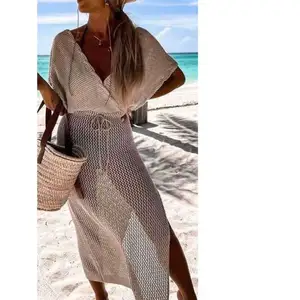 Women Casual Sexy Flowy Short Sleeve Deep V Neck Split Knitted Hollow Out Crochet Dress Swim Beach Cover Ups
