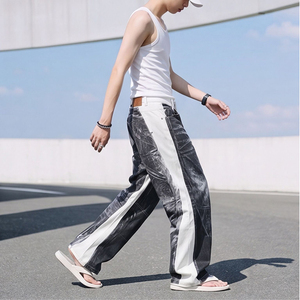 Pantalon en jean rétro de haute qualité, imprimé en 3D, color-block, coupe droite décontractée et élégante, jambe large - Product Image 4