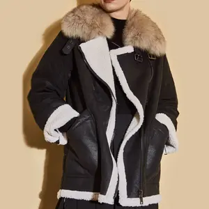 2023 Winter Retro Faux Fur Collar PU Leather Motorcycle Down Jacket Women's Black And White Patchwork Coat