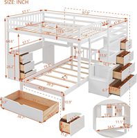 Lit superposé en bois double avec bureau, tiroirs et étagères, cadre de lit superposé en forme de L avec escalier de rangement pour enfants, adolescents et adultes