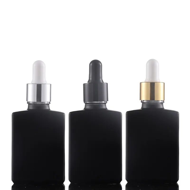 30ml 50ml 100ml Black Square Glass Dropper Bottle Empty Flat Cosmetic Serum Container with Screen Printing Surface