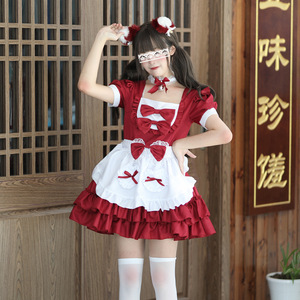 Maid Costume Red White Dress With Apron And Hat For Women Anime Cosplay Lolita Outfit - Product Image 3