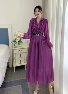 Mùa thu phong cách giản dị rắn phía trước v-cổ mỏng A-line EO VOAN ăn mặc sàn Chiều dài xù phồng dài tay áo tự nhiên ngày xếp li - Product Image 5