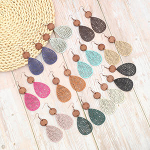 Boucles d'oreilles en faux cuir géométrique goutte maille évidé cuir épissé bois pendentif boucles d'oreilles pour femmes Uionen 899 - Product Image 2