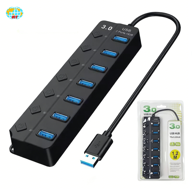 7-port USB 3.0 Hub LED Lamp Independent Switch / 1.2 Meters Long Cable Compatible Computer Tablet USB3.0 Separator 5Gbps Speed
