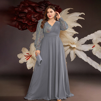 Robe de soirée de luxe en mousseline grande taille SJ, manches longues, imprimé sequins, robe longue de soirée pour femme, coupe trapèze, col en V