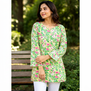 Haut court en coton pur imprimé floral indien à col halter pour femme, tunique décontractée d'été à motifs imprimés à la main, vêtement féminin - Product Image 1