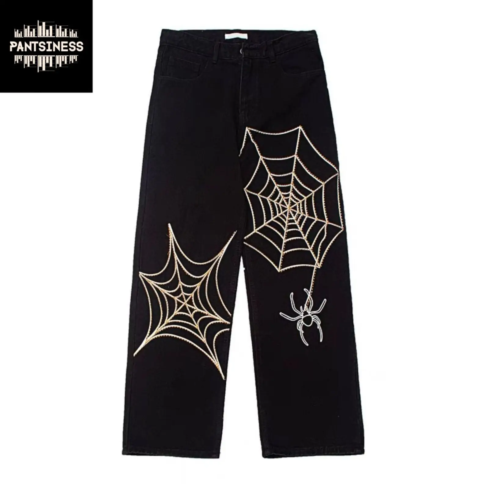 Custom streetstyle spider web embroidered black washed denim jeans baggy jeans pants for men