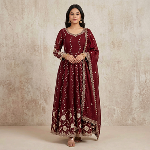 Conjunto de 3 Piezas Anarkali para Mujer, Top de Seda Fandy, Pantalón y Dupatta con Bordado de Hilo y Lentejuelas, para Bodas Indias/Pakistaníes, Graduaciones y Fiestas - Product Image 1