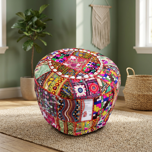 Puf Grande Multicolor de Estilo Bohemio Tradicional, Tapizado en Patchwork, para Sala de Estar, Estilo Vintage, de Algodón Indio - Product Image 2