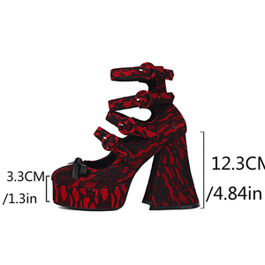 Front Bow Women's Round Toe Dress <b>Lace</b> Upper Shoes High Chunky Heels High Top Sandals Thick Platform Buckles <b>Pumps</b> - Product Image 6