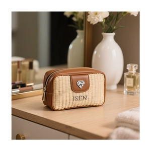 Bolsa de Maquillaje de Felpa con Tejido de Paja <span class=keywords><strong>ISEN</strong></span> para Mujer, Bolsa de Cosméticos de Viaje, Organizador de Artículos de Tocador, Logotipo Personalizado, Servicio ODM OEM - Product Image 2