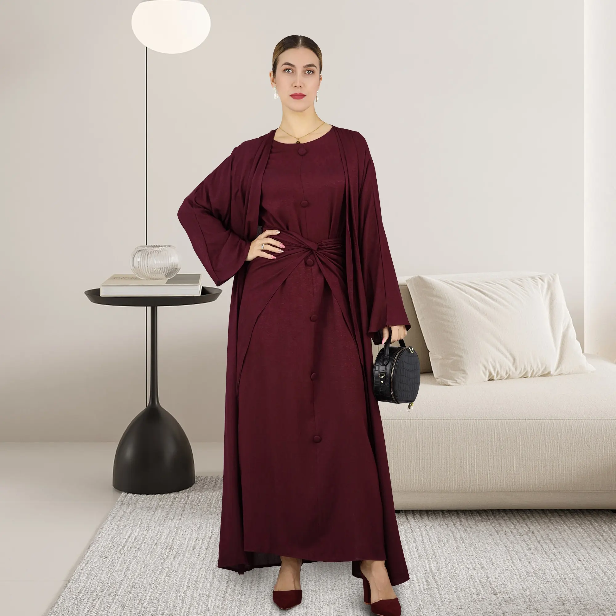 2023 Loriya 3pcs Dubai Abaya Set Bescheiden Abaya Türkei Islamische Kleidung Leinen Stoff Muslim Frauen Kleid